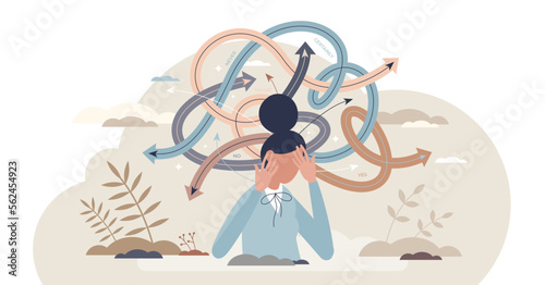 Decision fatigue and tired female with confusion struggle tiny person concept, transparent background. Doubt and frustration with burnout signs illustration.