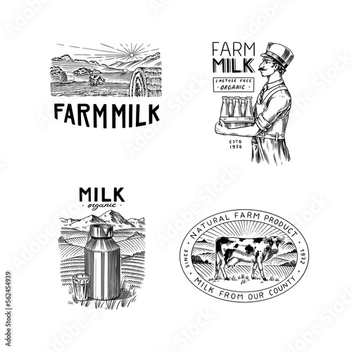 Milk set. Cow and woman farmer, milkmaid and jug, blot and bottles, packaging and meadow, man holds a glass. Vintage logo for shop. Badge for t-shirts. Hand Drawn engrave sketch. Vector illustration.
