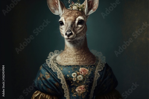 Portrait of deer in a victorian dress. Generative AI