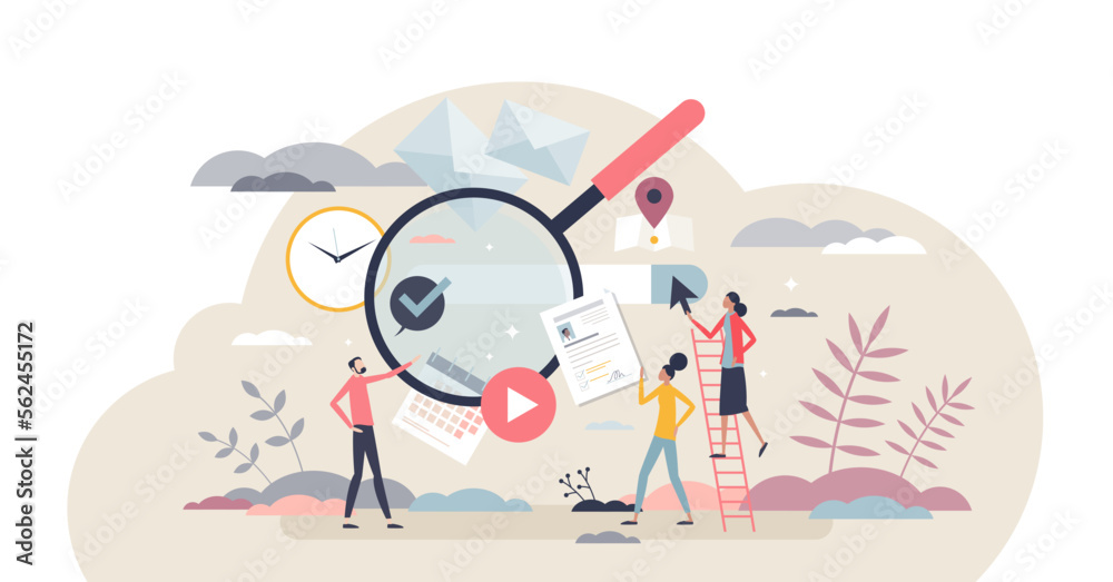 Searching information and info search engine on browser tiny person concept, transparent background. Internet network data research and results display process illustration. - obrazy, fototapety, plakaty 