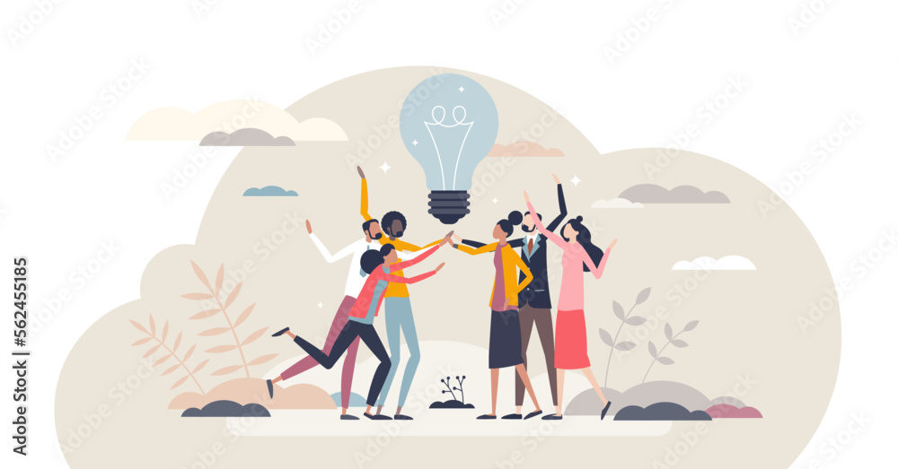 Teamwork creative success and business idea development tiny person concept, transparent background. Creativity and innovation as key for successful marketing or new product illustration.