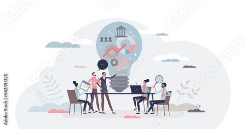 Project strategy and startup company development meeting tiny person concept, transparent background.Teamwork and brainstorming about effective goals and targets illustration.