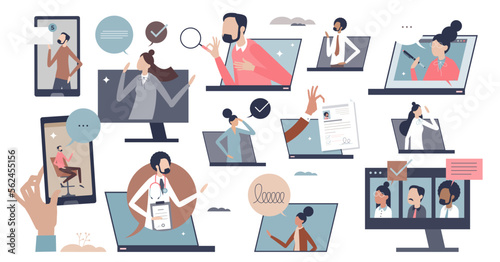 Remote communication with distant live videocall tiny person collection set, transparent background. Chat messages, talking, conversation or virtual meeting items with mini scenes illustration.