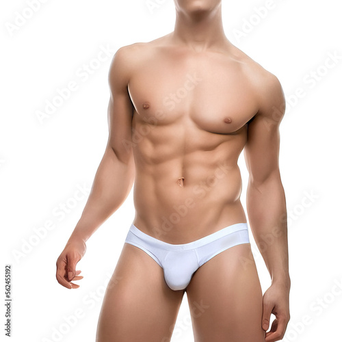 A young male body in white briefs created with Generative AI technology