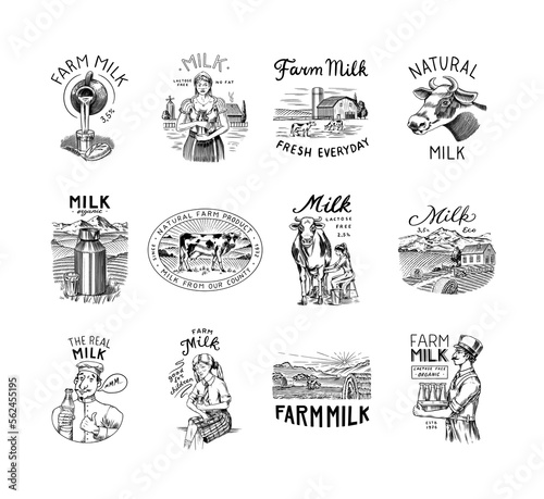 Milk set. Cow and woman farmer, milkmaid and jug, blot and bottles, packaging and meadow, man holds a glass. Vintage logo for shop. Badge for t-shirts. Hand Drawn engrave sketch. Vector illustration.