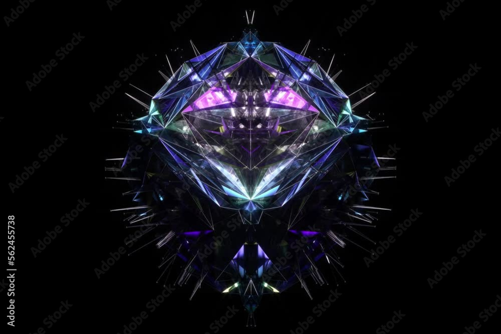 3d render abstract art video animation with surreal alien fractal diamond crystal symmetry star flower based on triangle forms in wire structure with glass parts in pink purple and blue color on black 3d render abstract art video animation with surreal alien fractal diamond crystal symmetry star flower based on triangle forms in wire structure with glass parts in pink purple and blue color on black