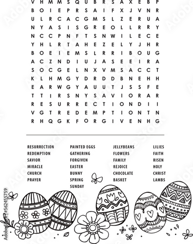 Easter Morning word search activity page celebrating faith in Jesus. Vector artwork. An 8.5 by 11 page ready for printing.