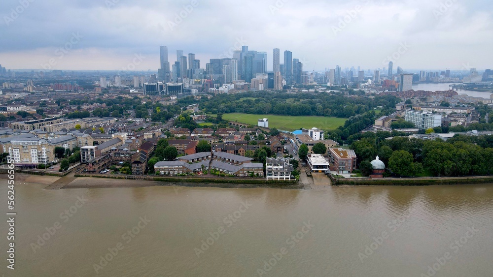 London docklands London UK   Drone, Aerial, view from air, birds eye view, view across river thames