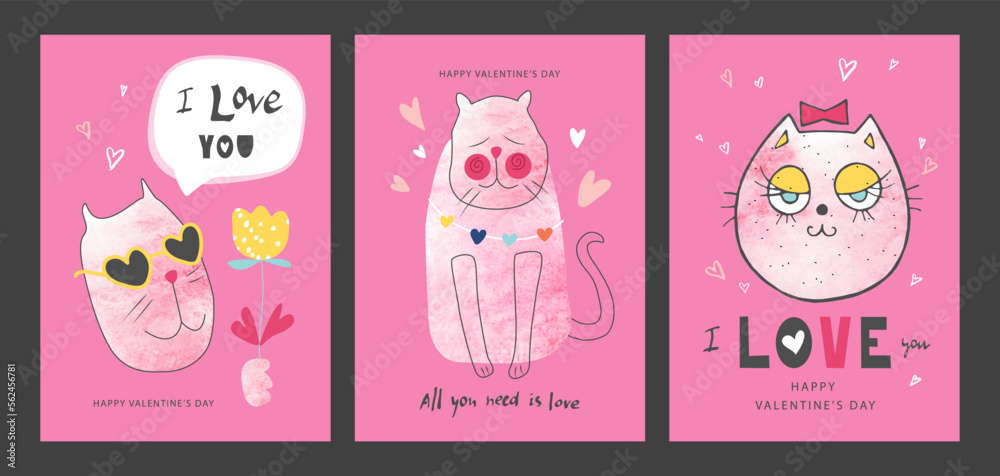 Set of Valentines Day cards with cute hand drawn cats.Vector illustration for postcards,posters, coupons, promotional material Set of Valentines Day cards with cute hand drawn cats.Vector illustration for postcards,posters, coupons, promotional material