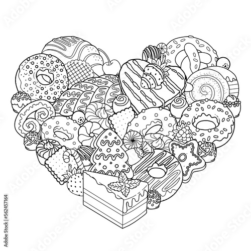 Vector coloring book page for adults. Black and white illustration of sweet food, candies, pastries, desserts, baked products