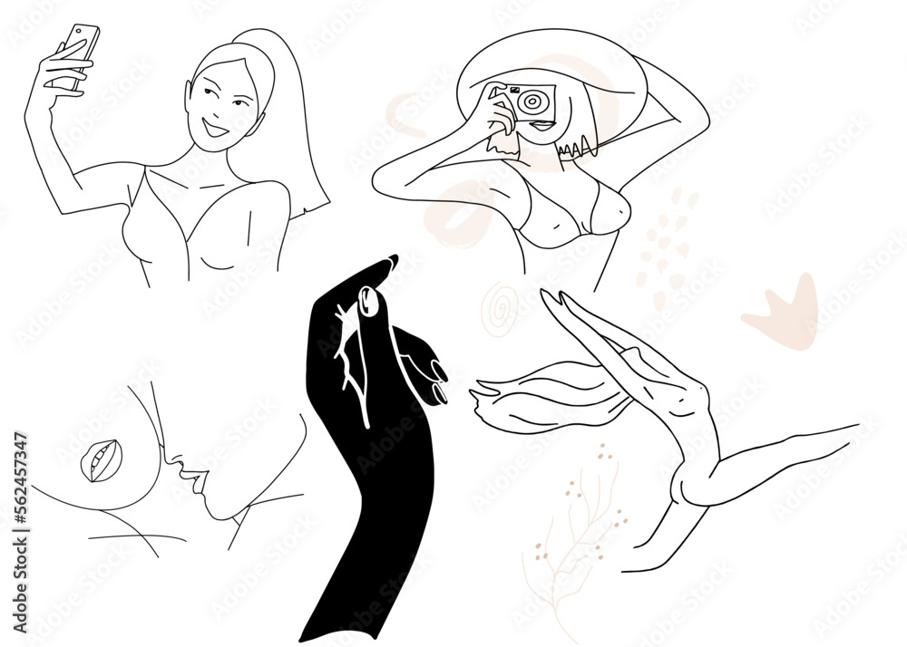 Fototapeta premium Set of abstract, line, contour hand drawings, female body beauty, motherhood.