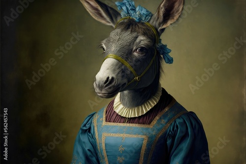 Portrait of donkey in a victorian dress. Generative AI