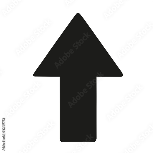 Una flecha negra hacia arriba sobre un fondo blanco liso y aislado. Vista de frente y de cerca. Copy space photo