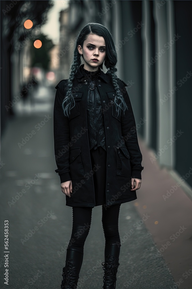 Goth girl in the street, young woman in black clothes, generative ai,  street fashion Stock Illustration