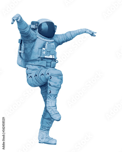 astronaut explorer is doing a karate pose on white background side view