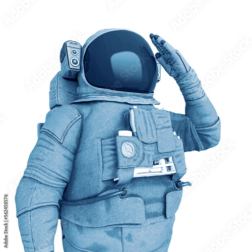 astronaut explorer is doing a soldier salute pose on white background close up view