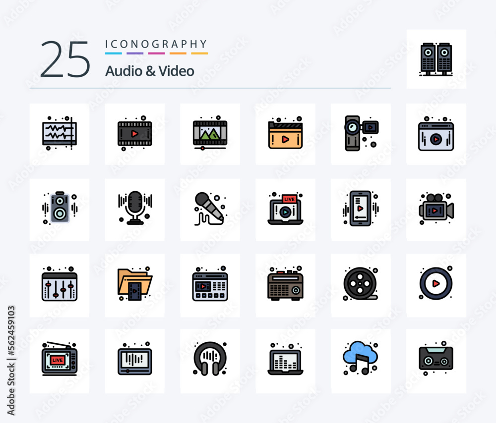 Audio And Video 25 Line Filled icon pack including camera. play. play. video. media