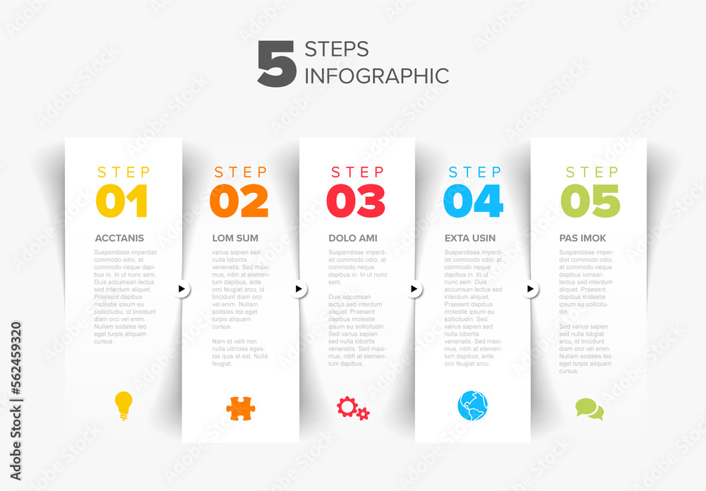 Five white steps progress page template with color numbers and icons