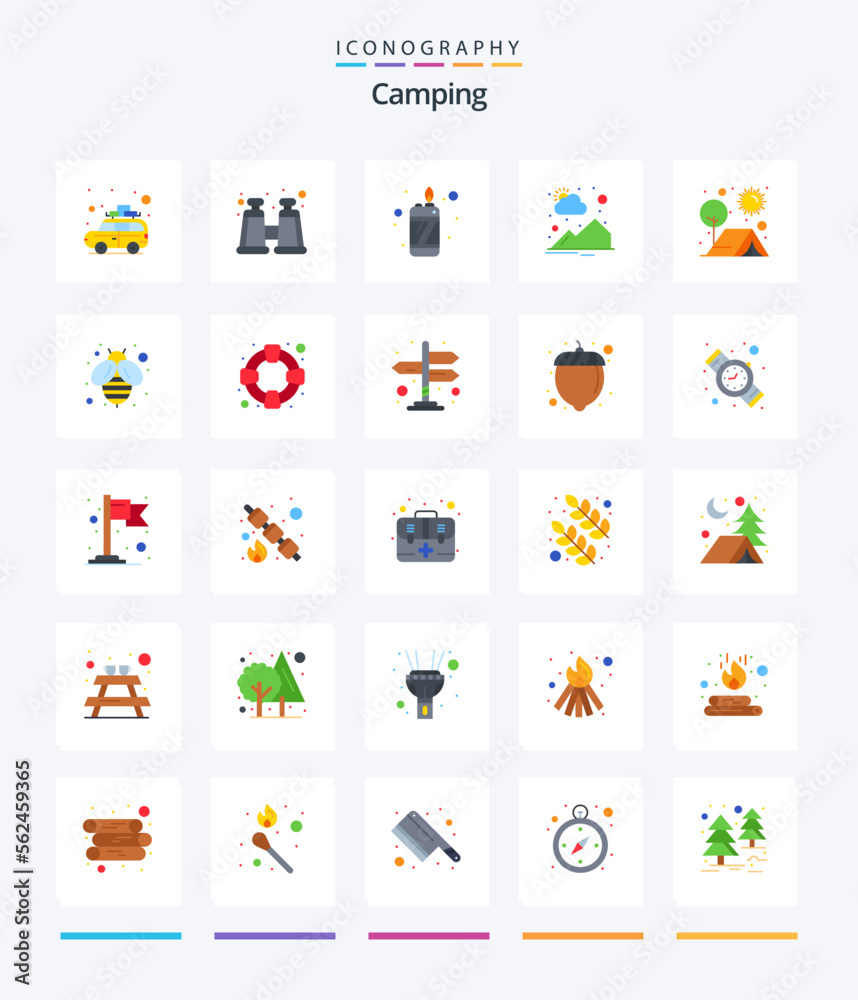 Creative Camping 25 Flat icon pack  Such As outdoors. camping. flame. camp. sun