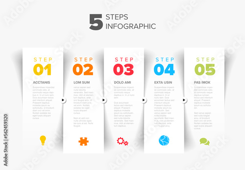 Obraz na płótnie Five white steps progress page template with color numbers and icons w salonie