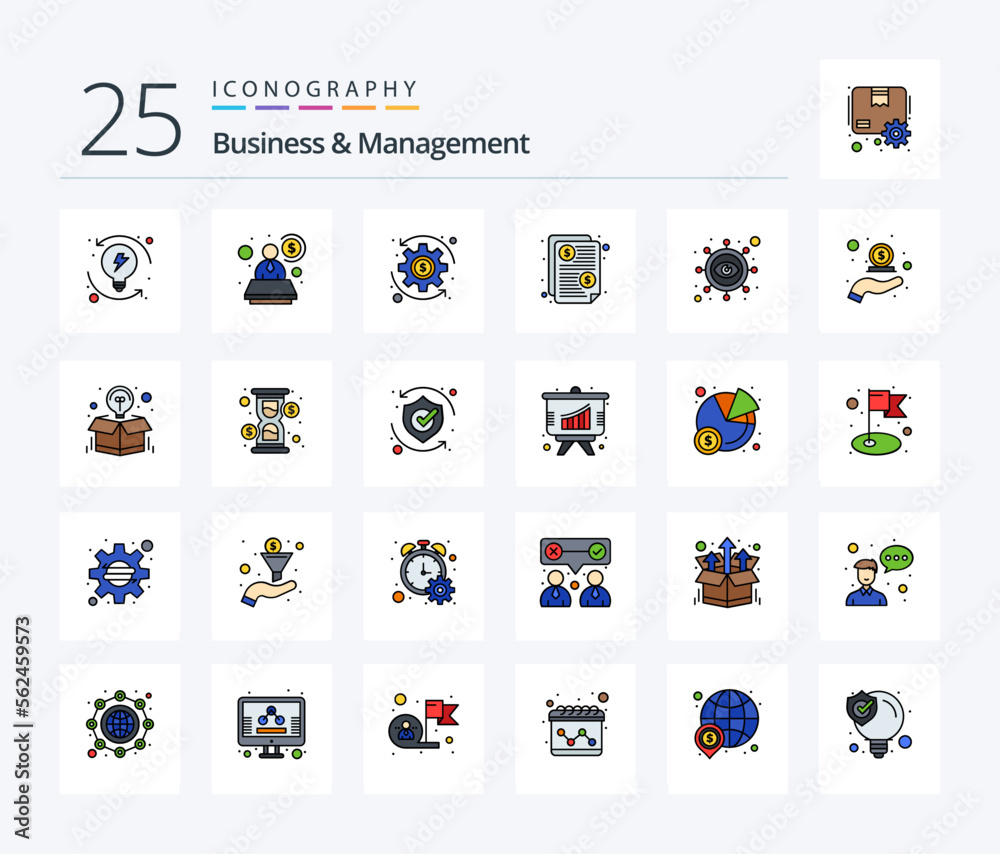 Business And Management 25 Line Filled icon pack including vision. eye. money. business. price