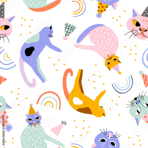 Cute hand drawn cats with festive birthday decorations having fun at the party. Seamless vector pattern with domestic colorful animals