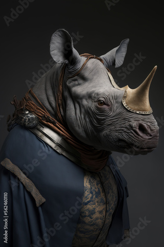 Rhinoceros dressed up in historical costume against dark background. Generative AI