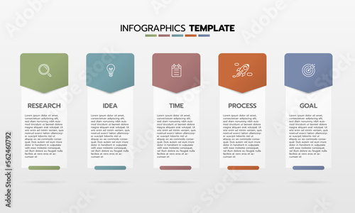 Business infographic template process with simple geometry square, rectangle, circle, triangle, curves in flat design template with thin line icons and 5 options or steps. Vector illustration.