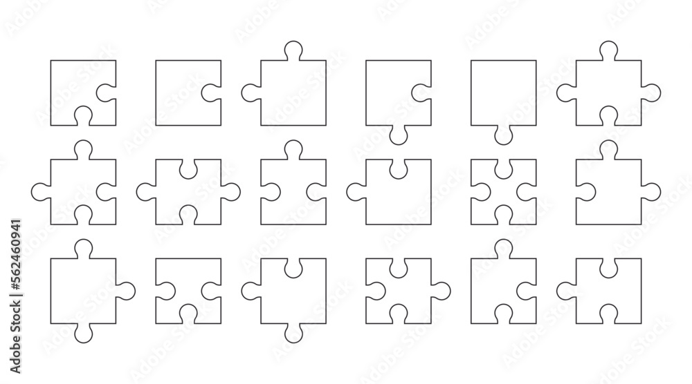 Outline puzzle pieces. Blank templates for game design, linear puzzle icons. Vector illustration isolated on white