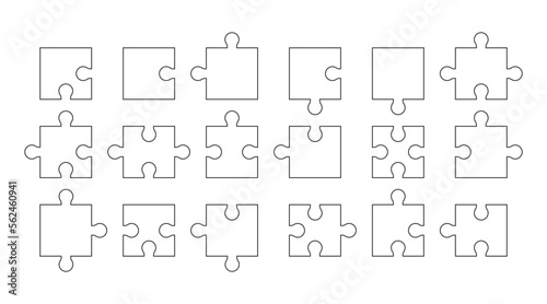Outline puzzle pieces. Blank templates for game design, linear puzzle icons. Vector illustration isolated on white
