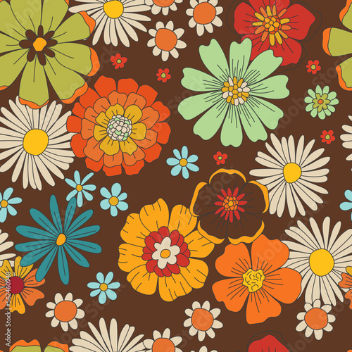 Colorful Hand-Drawn Floral Vector Seamless Pattern. Retro 70s Style Nostalgic Fashion Textile Bold Background. Summer Resort Print. Daisies. Flower Power