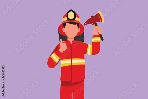 Graphic flat design drawing firefighters in complete uniform holding glass breaking axe with thumbs up gesture prepare to put out the fire that burned the building. Cartoon style vector illustration