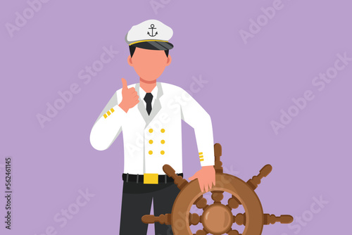 Cartoon flat style drawing bravery sailor man with thumbs up gesture ready to sail across seas in ship that is headed by captain. Male sailor traveling across ocean. Graphic design vector illustration