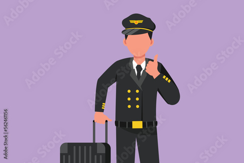 Character flat drawing male pilot with thumbs up gesture and full uniform is ready to fly with cabin crew with aircraft at airport. Airline travel or plane industry. Cartoon design vector illustration