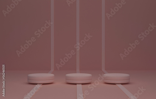 Abstract background, mock up scene with beige cookie shaped podiums with beige lines underneath on beige background. 3d rendering.