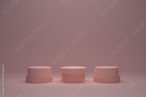 Abstract background, mock up scene with beige cylinder podiums with caps on beige background. 3d rendering.
