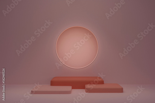 3d rendering. Mock scene of beige cube podiums on beige background with a glowing circle in the wall