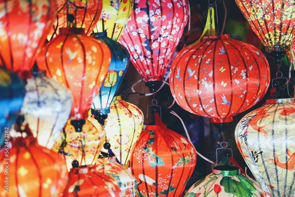 Beautiful paper lanterns at Hoi An ancient town .