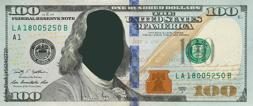 One hundred dollar bill without Benjamin Franklin portrait. Clipping path included.