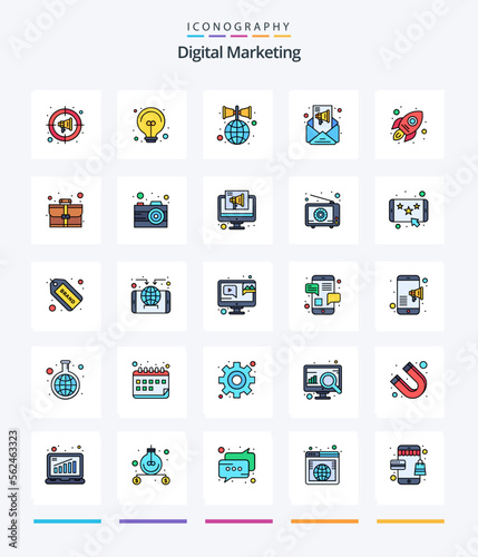 Creative Digital Marketing 25 Line FIlled icon pack Such As launch. speaker. advertise. email marketing. campaigns