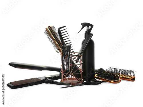 Different professional hairdresser tools on white background