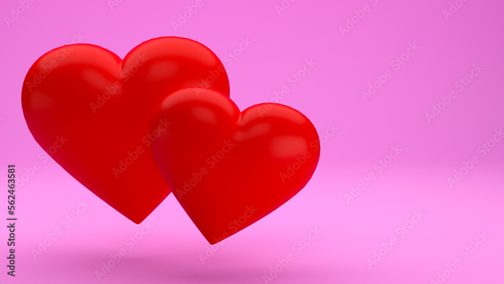 Two red hearts on a pink background 3d illustration