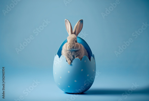 Cute easter bunny rabbit inside a cracked egg. Generative ai