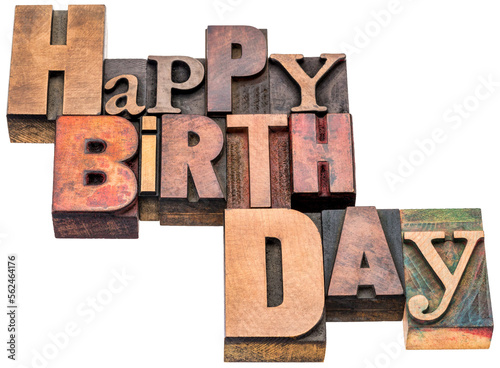 Happy Birthday sign or greeting card - isolated text in vintage mixed letterpress wood type on a transparent background