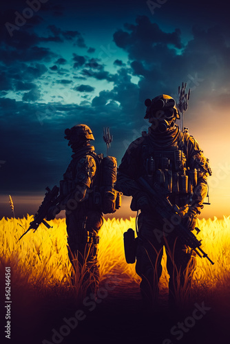 An image of Ukrainian soldiers with their weapons in a field. Generative AI © v.senkiv