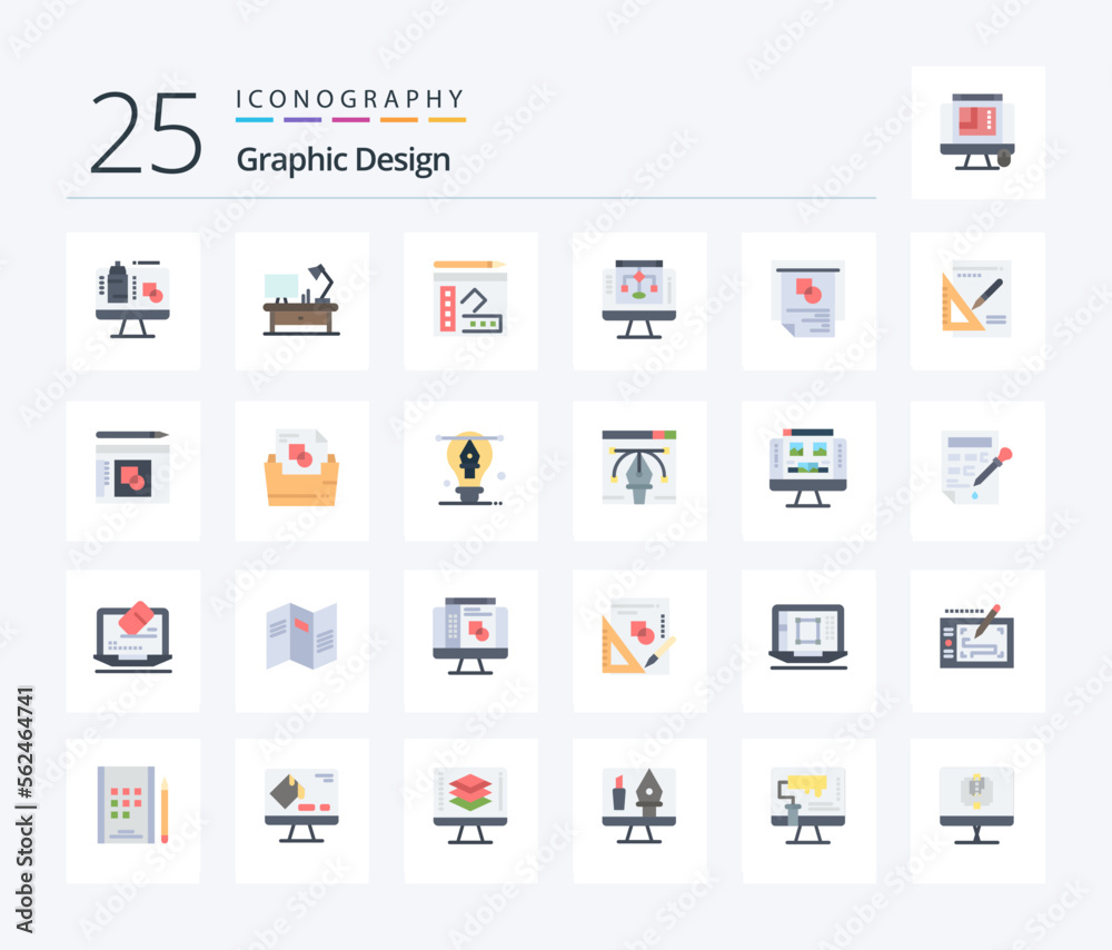 Graphic Design 25 Flat Color icon pack including layout. computer. book. server. data sharing