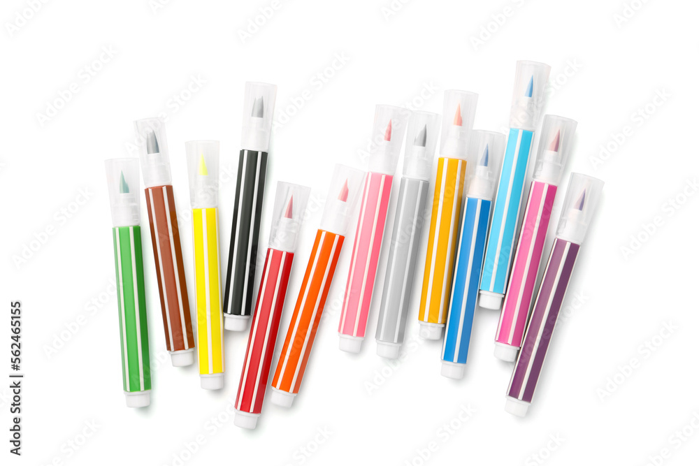 Many bright markers isolated on white, top view