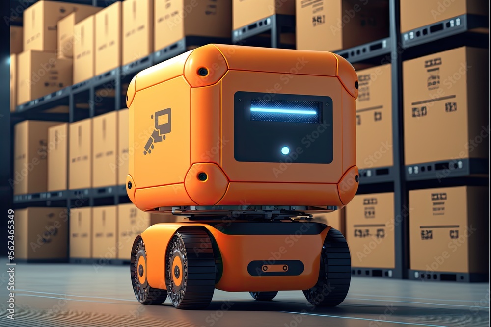 Future Technology. Automated robot delivers an order box in smart automated warehouse. Generative AI Future Technology. Automated robot delivers an order box in smart automated warehouse. Generative AI