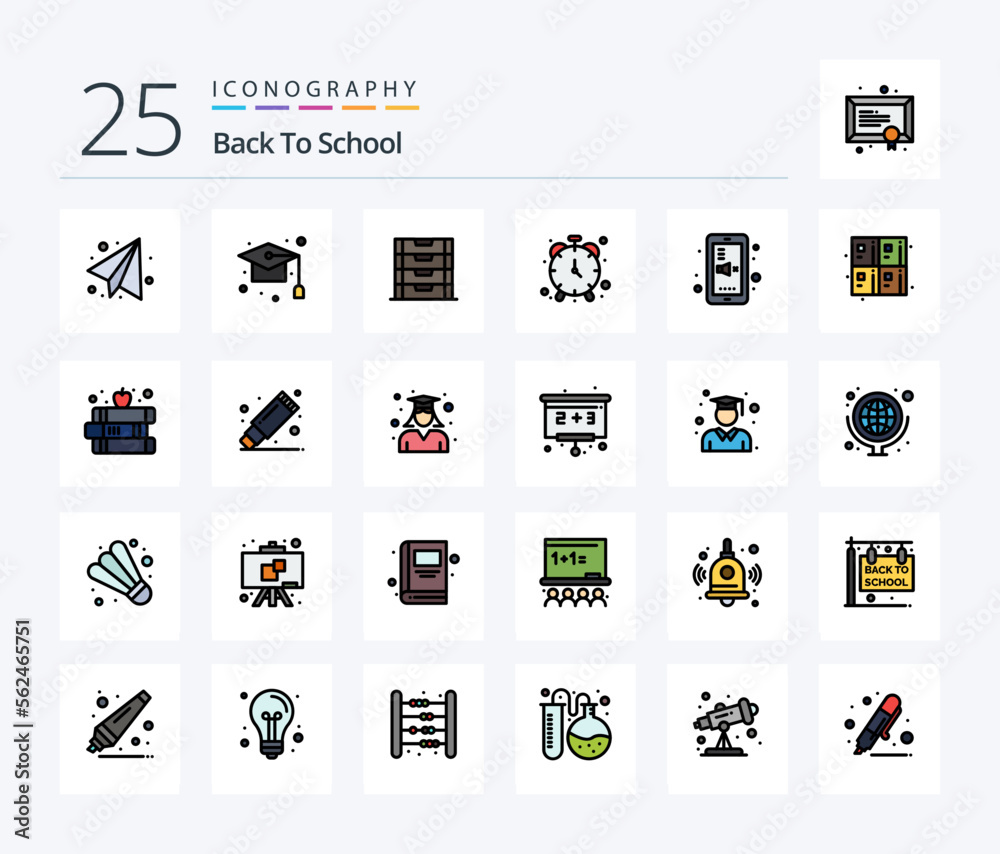 Back To School 25 Line Filled icon pack including education. timepiece. document. timekeeper. alarm