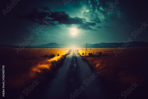A painting of a deserted road through a field at night, with a full moon illuminating the landscape. Generative AI